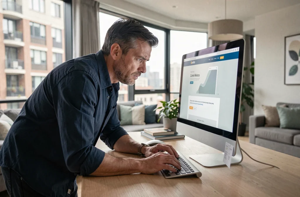 Homme adulte novice du web concentré devant un écran d'ordinateur affichant un site internet