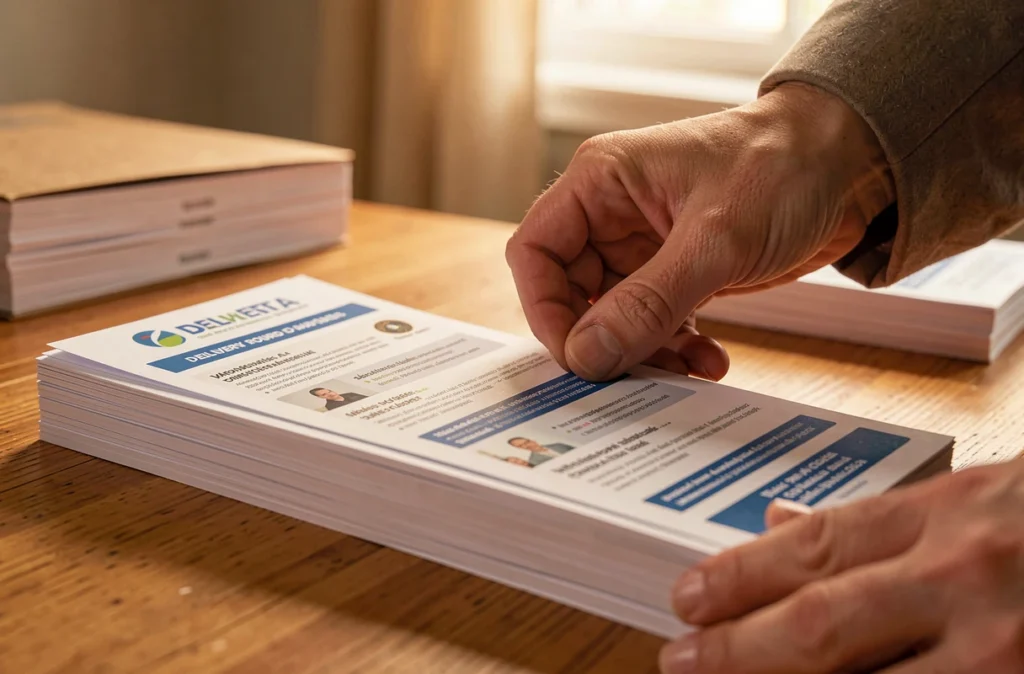 Piles de prospectus préparées avant une tournée de distribution