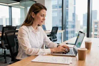 Professionnelle analysant un tableau de bord d'abonnement B2B sur son ordinateur portable dans un bureau moderne