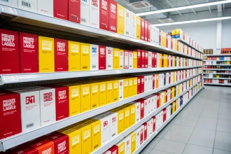Rayon de supermarché Lidl avec packaging logo coloré rouge et jaune en perspective
