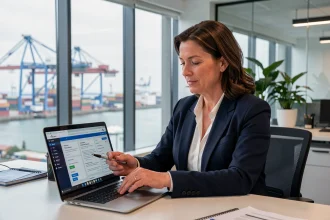 Responsable export utilisant la plateforme Prodouane sur ordinateur dans un bureau moderne avec vue sur un port de commerce
