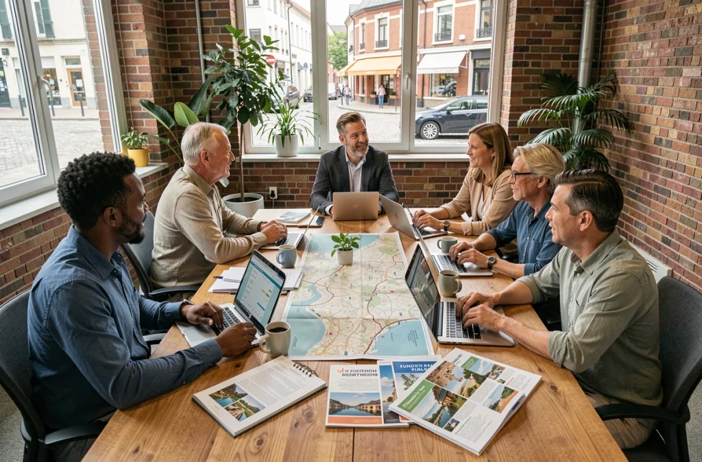 Réunion collaborative entre commerçants et acteurs du tourisme local autour d'une table de travail avec cartes et brochures
