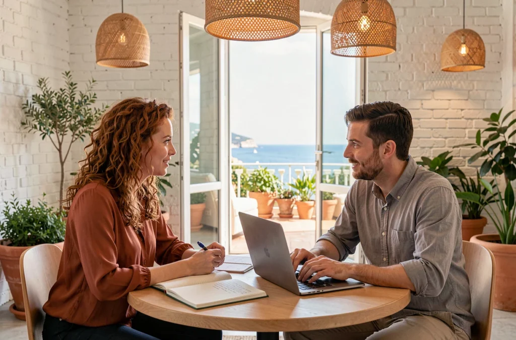 Deux professionnels en réunion informelle dans un espace de coworking à Cannes avec vue sur la mer