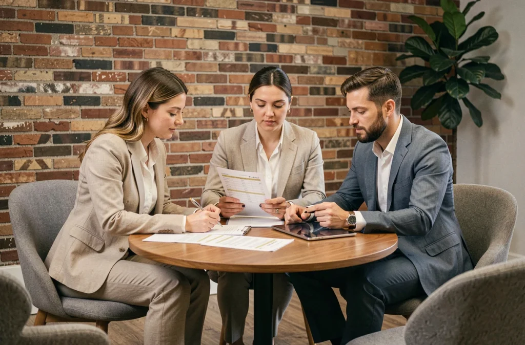 Équipe de conciergerie d'entreprise en réunion collaborative dans une salle de travail moderne