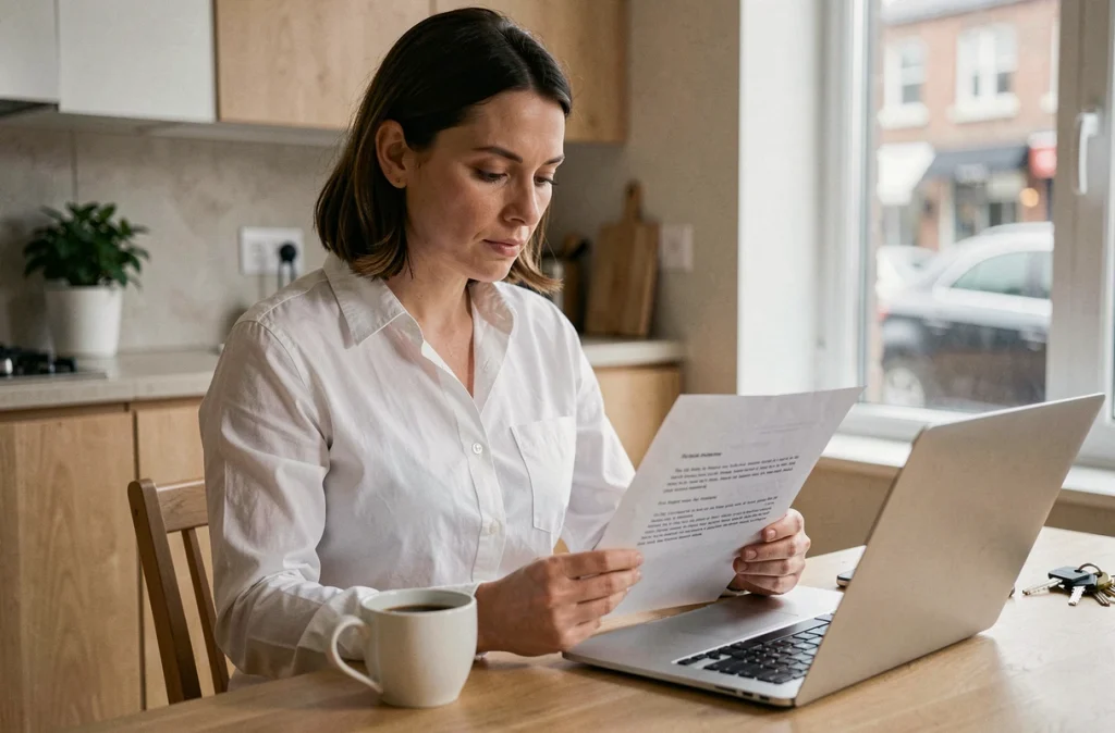 Une salariée en CDI lit attentivement sa lettre de licenciement avec préavis à son domicile