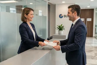 Représentante d'un service de conciergerie d'entreprise remettant un document à un cadre dans un hall de bureau moderne