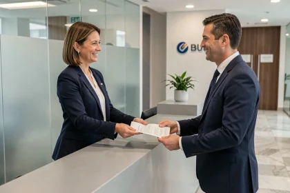 Représentante d'un service de conciergerie d'entreprise remettant un document à un cadre dans un hall de bureau moderne