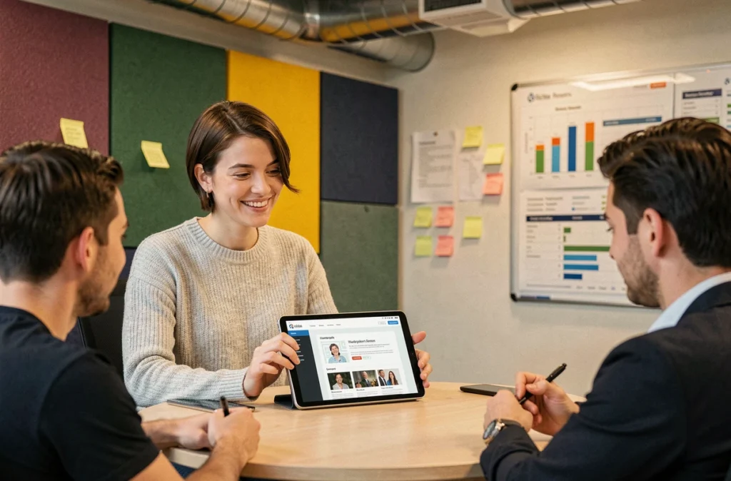 Une collaboratrice de Sowink présentant un prototype de site mobile à son équipe dans un espace de travail créatif et moderne