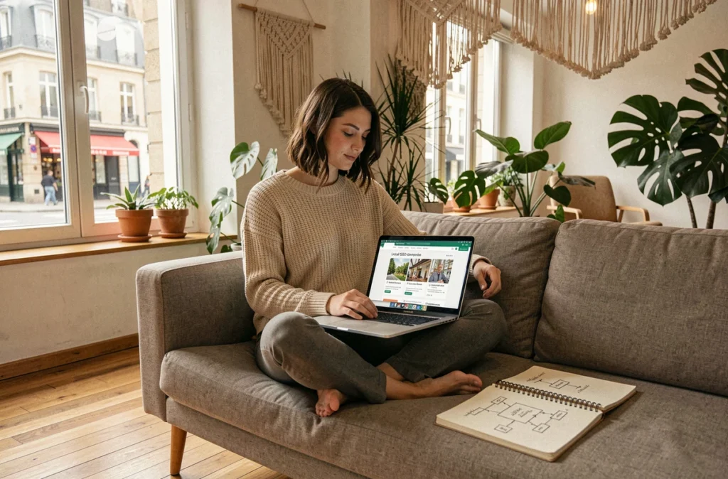 Consultante SEO de Sowink travaillant sur une campagne de référencement local depuis un bureau de style startup