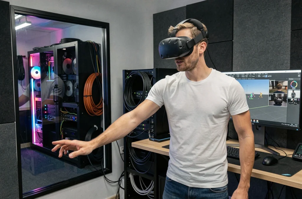 Développeur VR de Studio VR testant un environnement virtuel immersif avec casque de réalité virtuelle