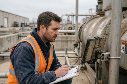 Technicien terrain notant des informations sur un formulaire papier et une tablette lors d'une intervention industrielle extérieure