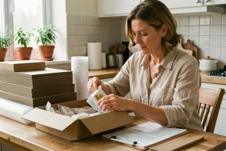 Femme travaillant à domicile en emballant des produits dans des cartons sur une table de cuisine en bois