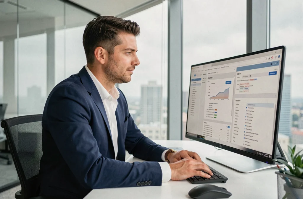Vincent Hégo, consultant SEO de VH Digital Corp, analysant des rapports de référencement dans un bureau moderne