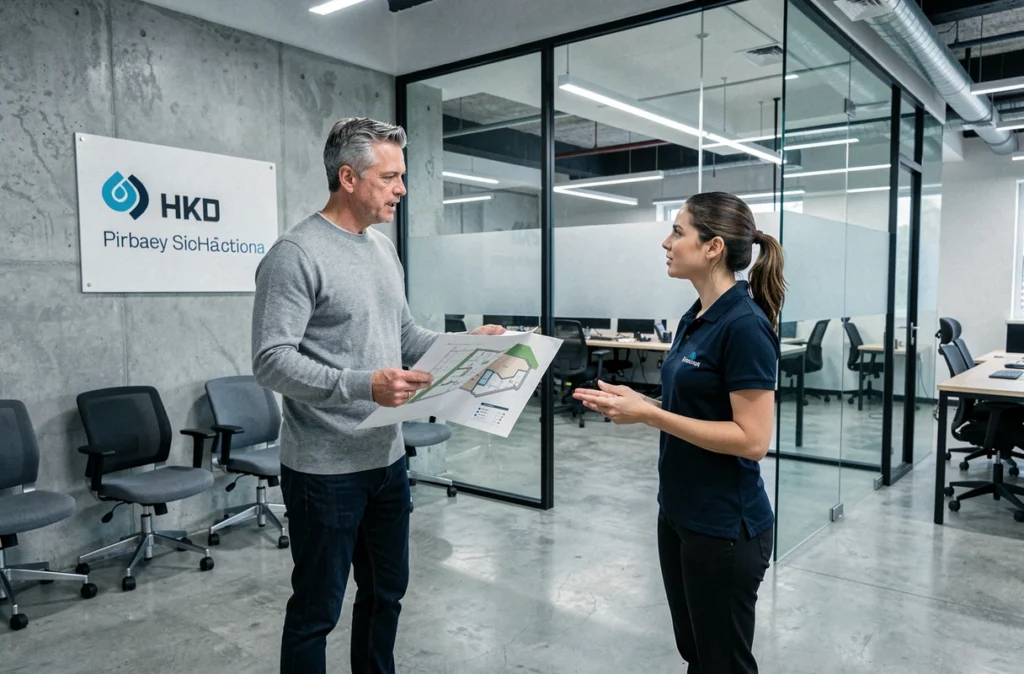 Homme découvrant les espaces d'un coworking à Chelles lors de sa première visite avec une hôtesse d'accueil
