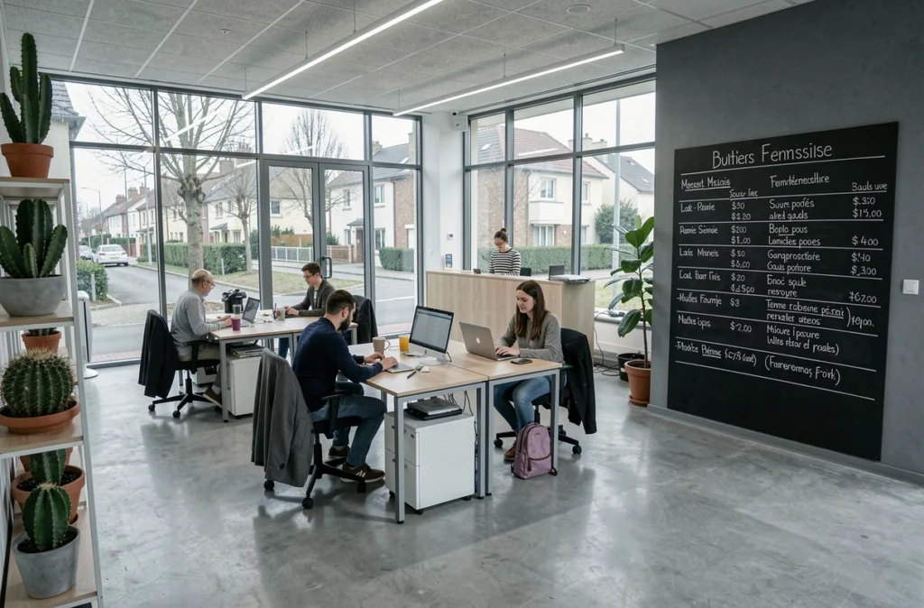 Vue d'ensemble d'un espace de coworking à Fontenay-sous-Bois avec affichage des tarifs et différentes zones de travail