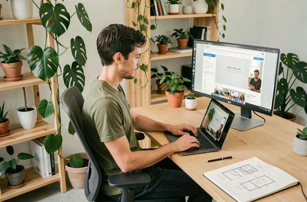 Un développeur de Webloom travaillant sur un design web responsive dans un espace de travail végétalisé et moderne