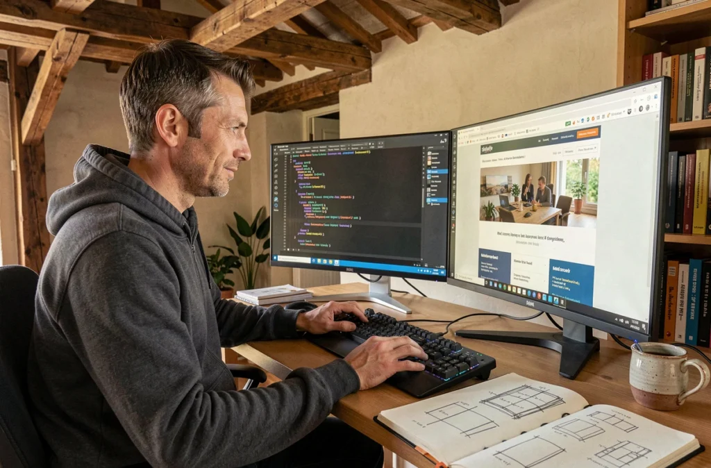 Développeur web de Webmedia12 codant un site internet pour une entreprise aveyronnaise depuis son bureau